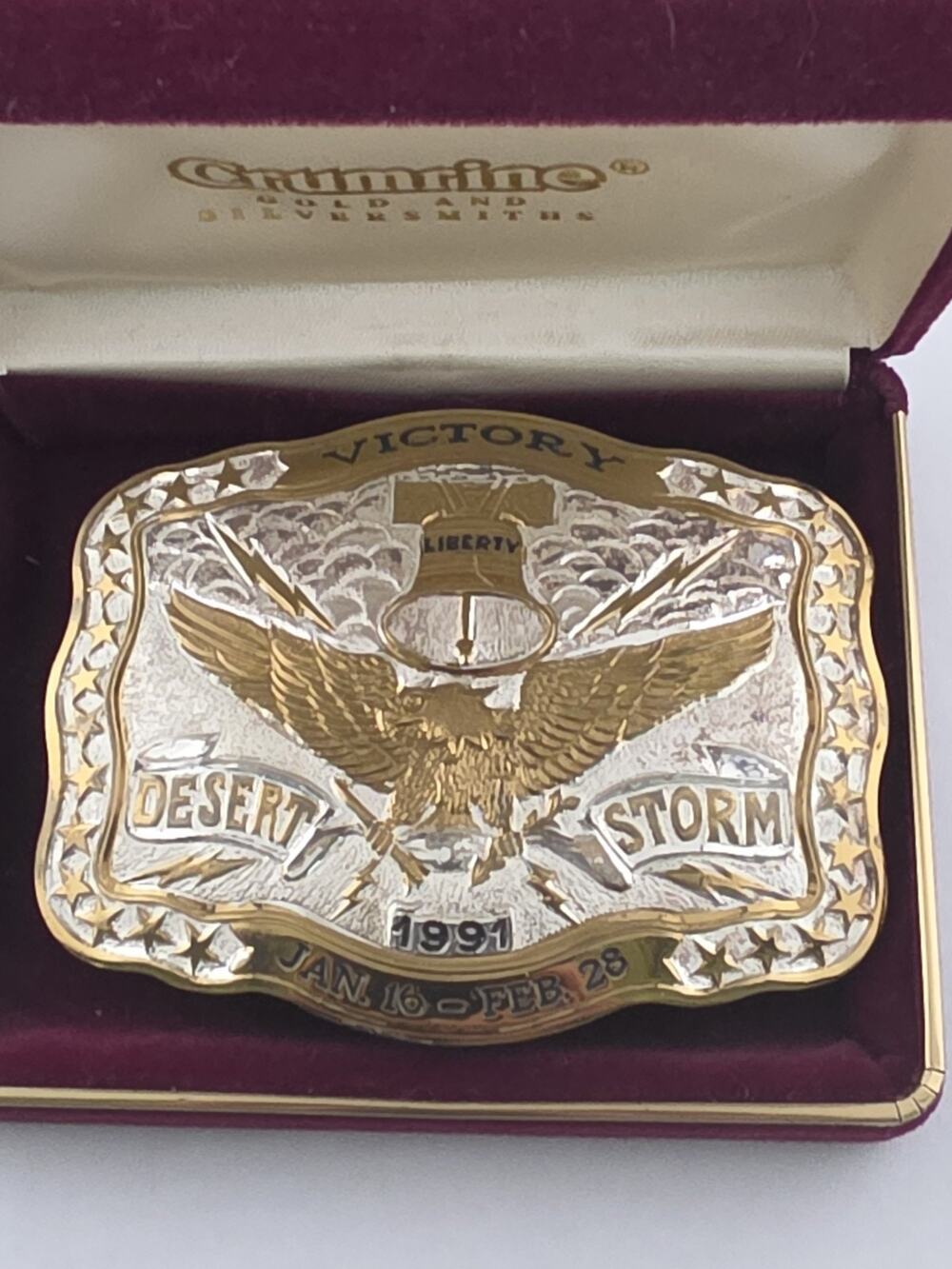 NOS Crumrine 1991 Desert Storm Buckle Heavy Silver Plate On Bronze & Box